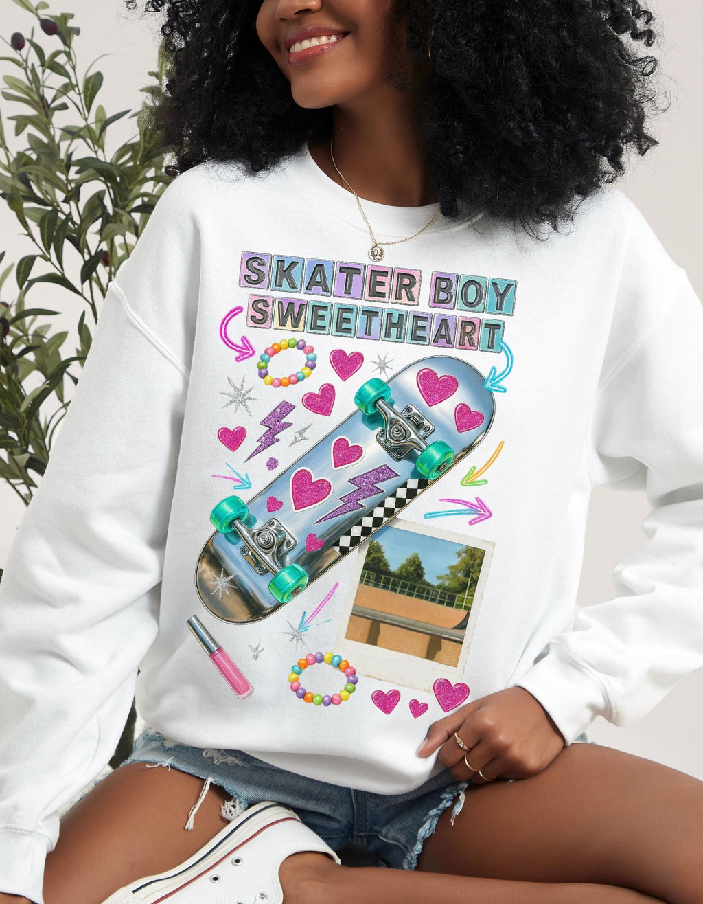 90s Holographic Heart Skater Sweatshirt Vintage Skateboard Crew Neck Unisex Streetwear Gift