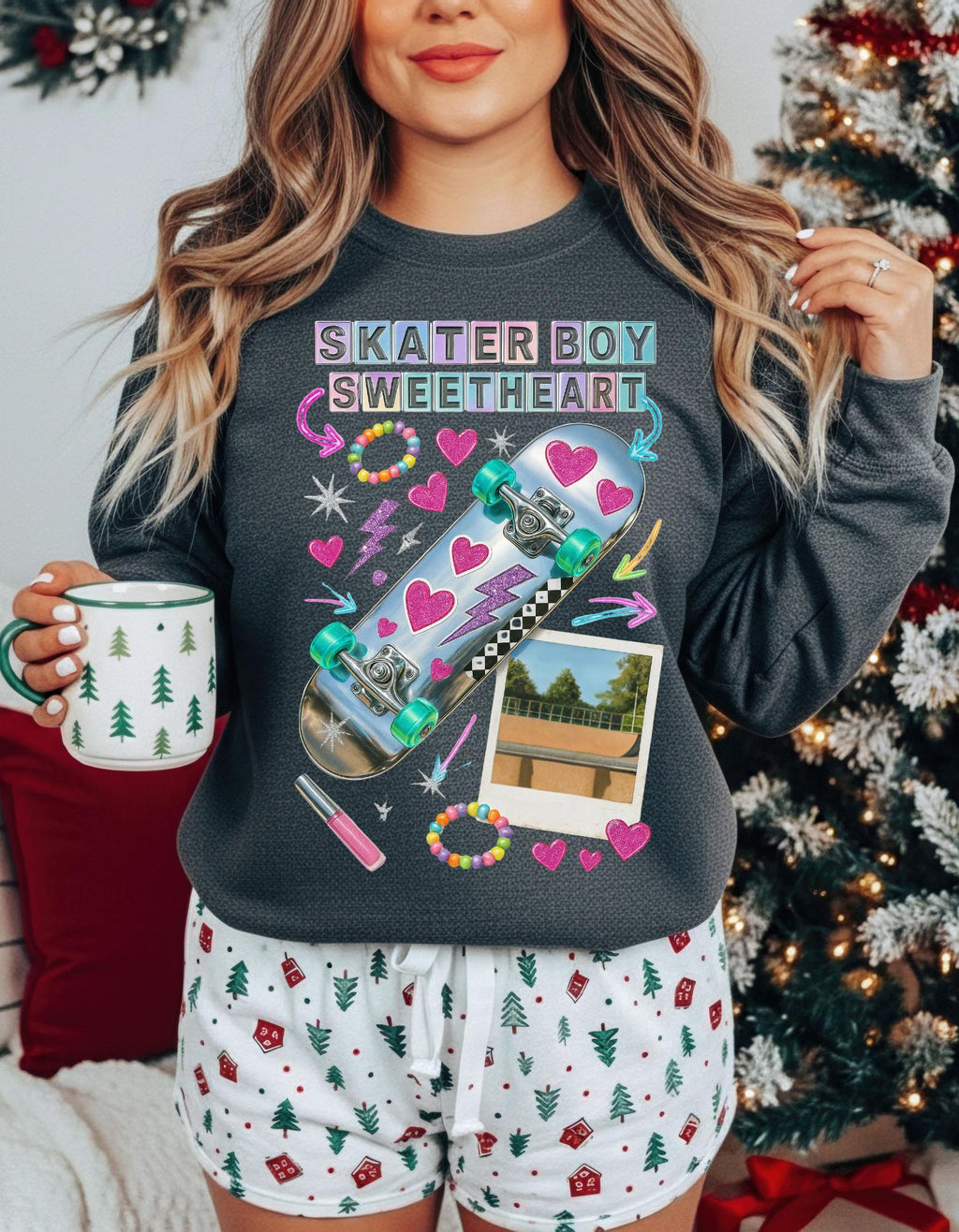 90s Holographic Heart Skater Sweatshirt Vintage Skateboard Crew Neck Unisex Streetwear Gift