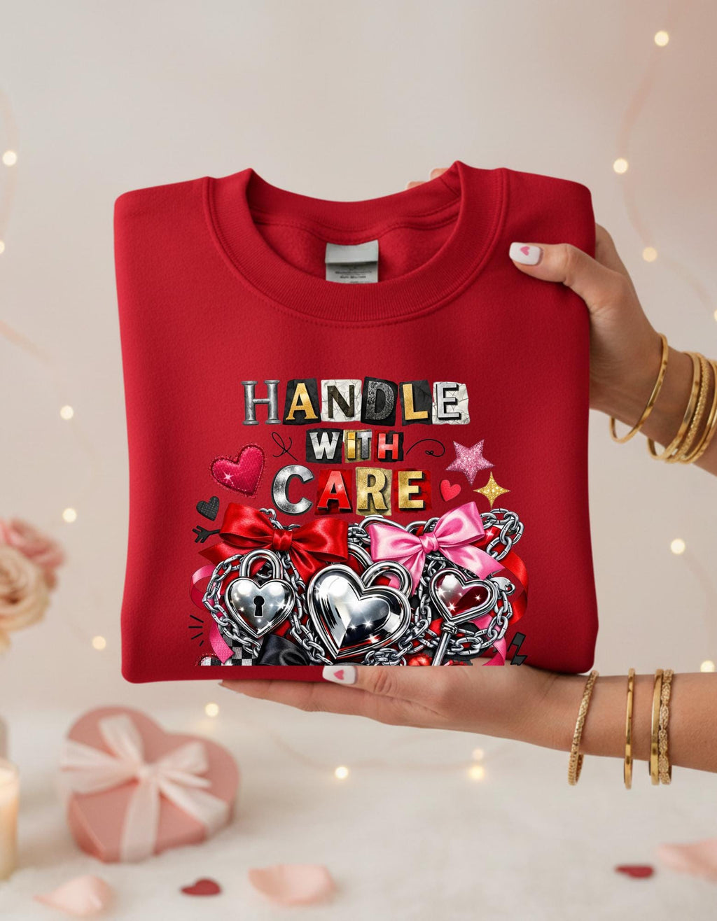 Handle With Care Ransom Note Heart Padlock Valentine's Day Sweatshirt - Funny Anti Valentine Gift Unisex Edgy Love Sweater