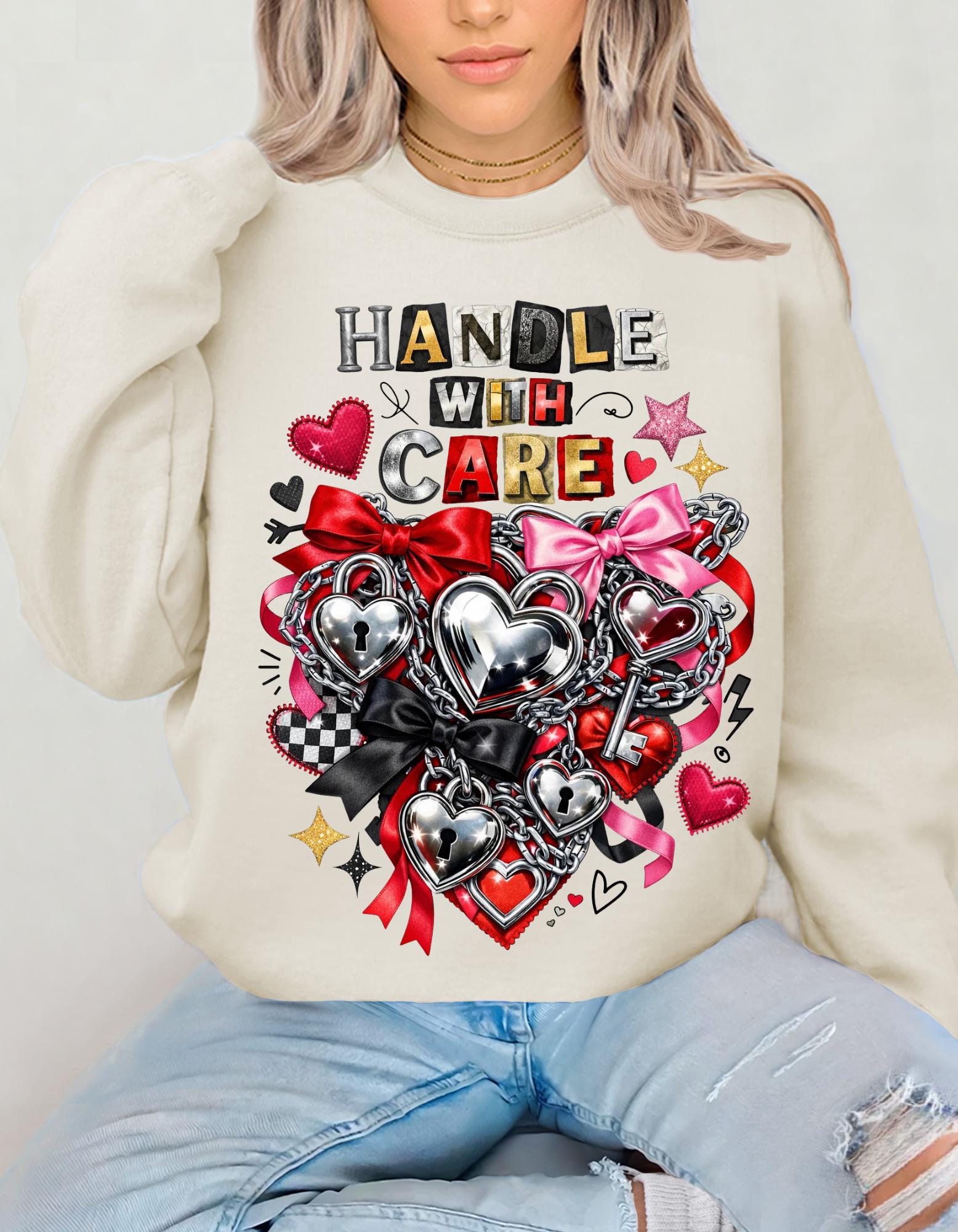 Handle With Care Ransom Note Heart Padlock Valentine's Day Sweatshirt - Funny Anti Valentine Gift Unisex Edgy Love Sweater