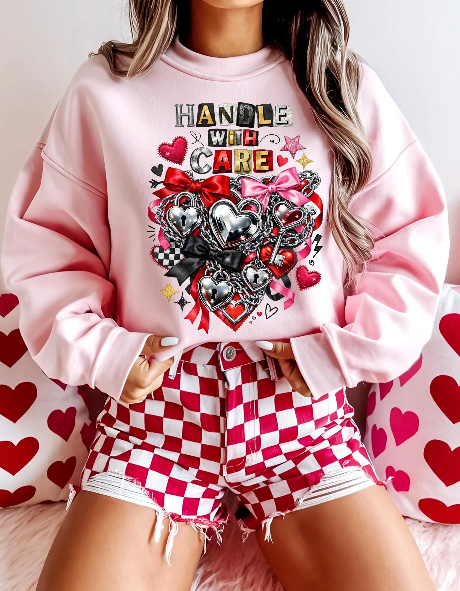Handle With Care Ransom Note Heart Padlock Valentine's Day Sweatshirt - Funny Anti Valentine Gift Unisex Edgy Love Sweater