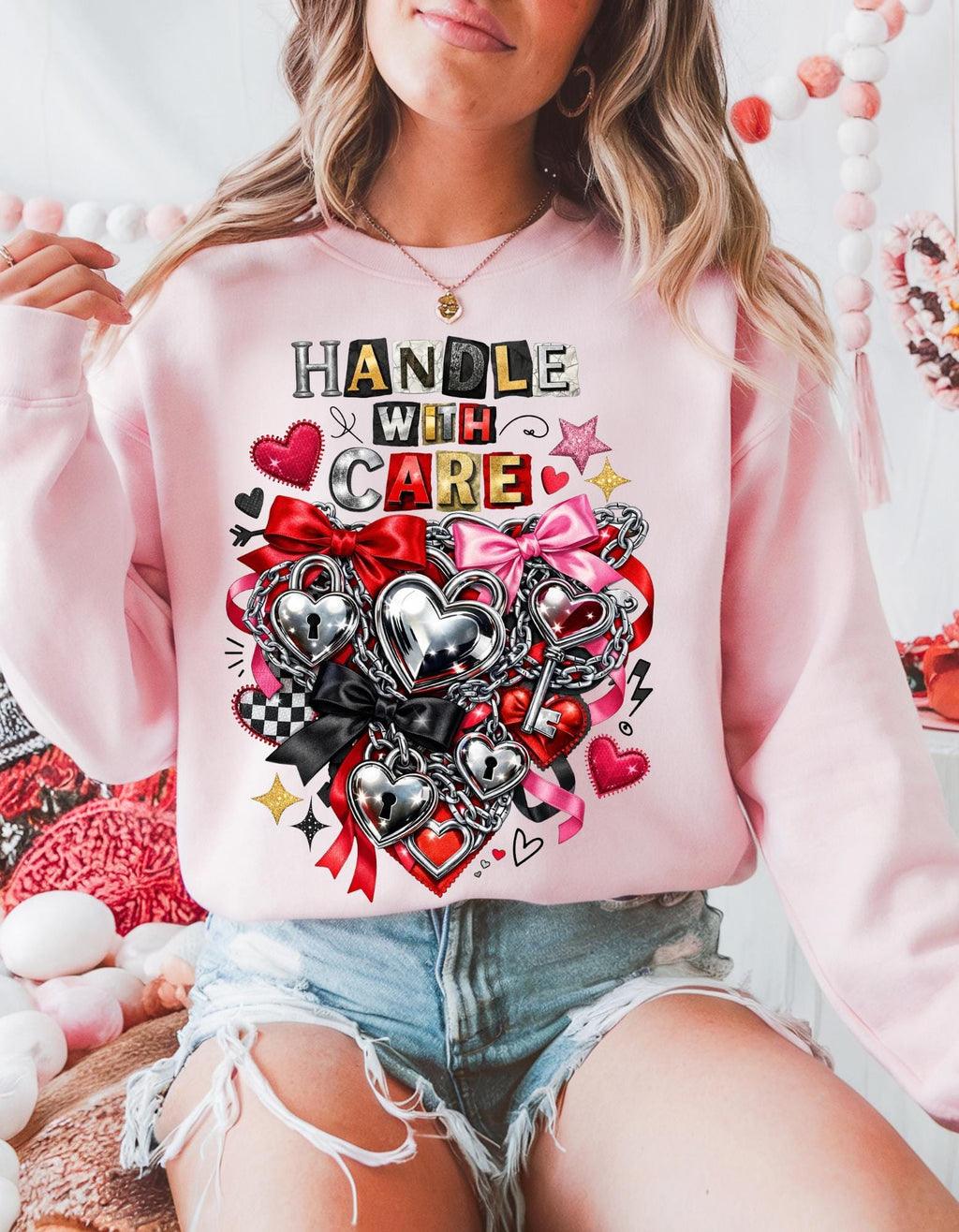 Handle With Care Ransom Note Heart Padlock Valentine's Day Sweatshirt - Funny Anti Valentine Gift Unisex Edgy Love Sweater