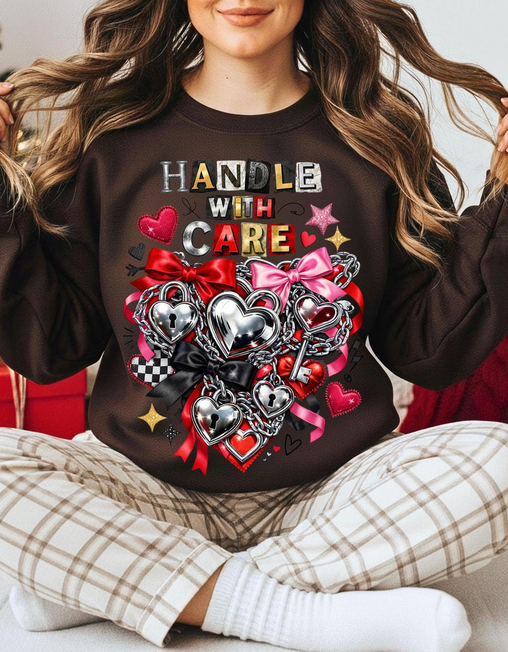 Handle With Care Ransom Note Heart Padlock Valentine's Day Sweatshirt - Funny Anti Valentine Gift Unisex Edgy Love Sweater