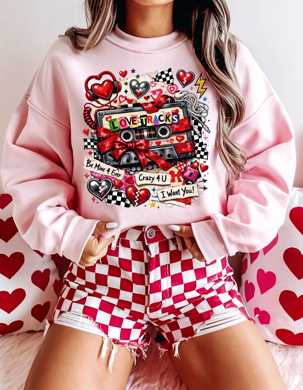 Love Tracks Cassette Collage Crewneck | Retro Mixtape Hearts Graphic Sweatshirt Valentine Gift