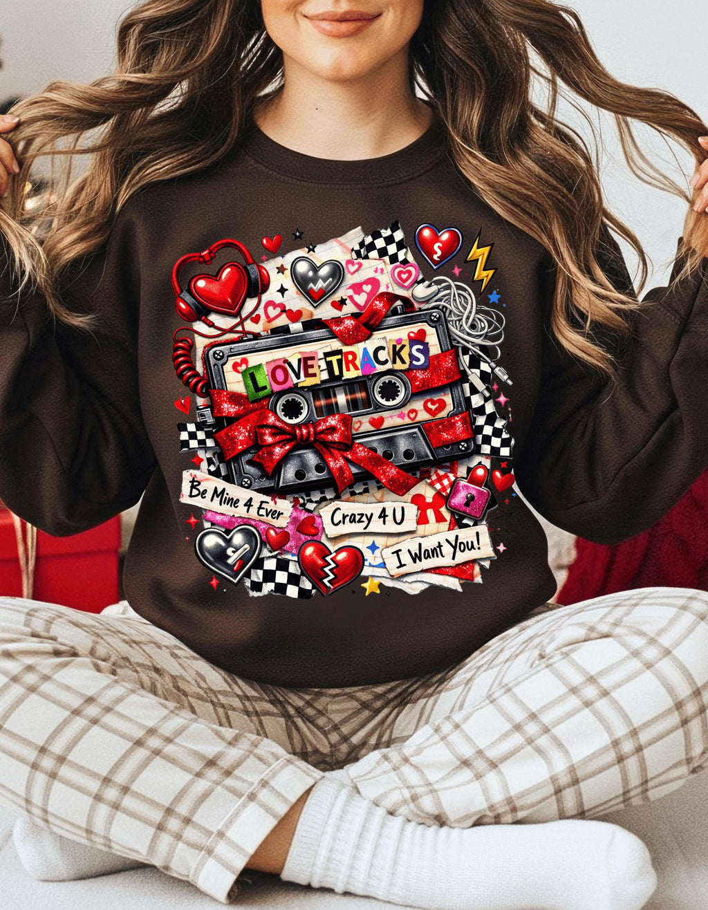 Love Tracks Cassette Collage Crewneck | Retro Mixtape Hearts Graphic Sweatshirt Valentine Gift