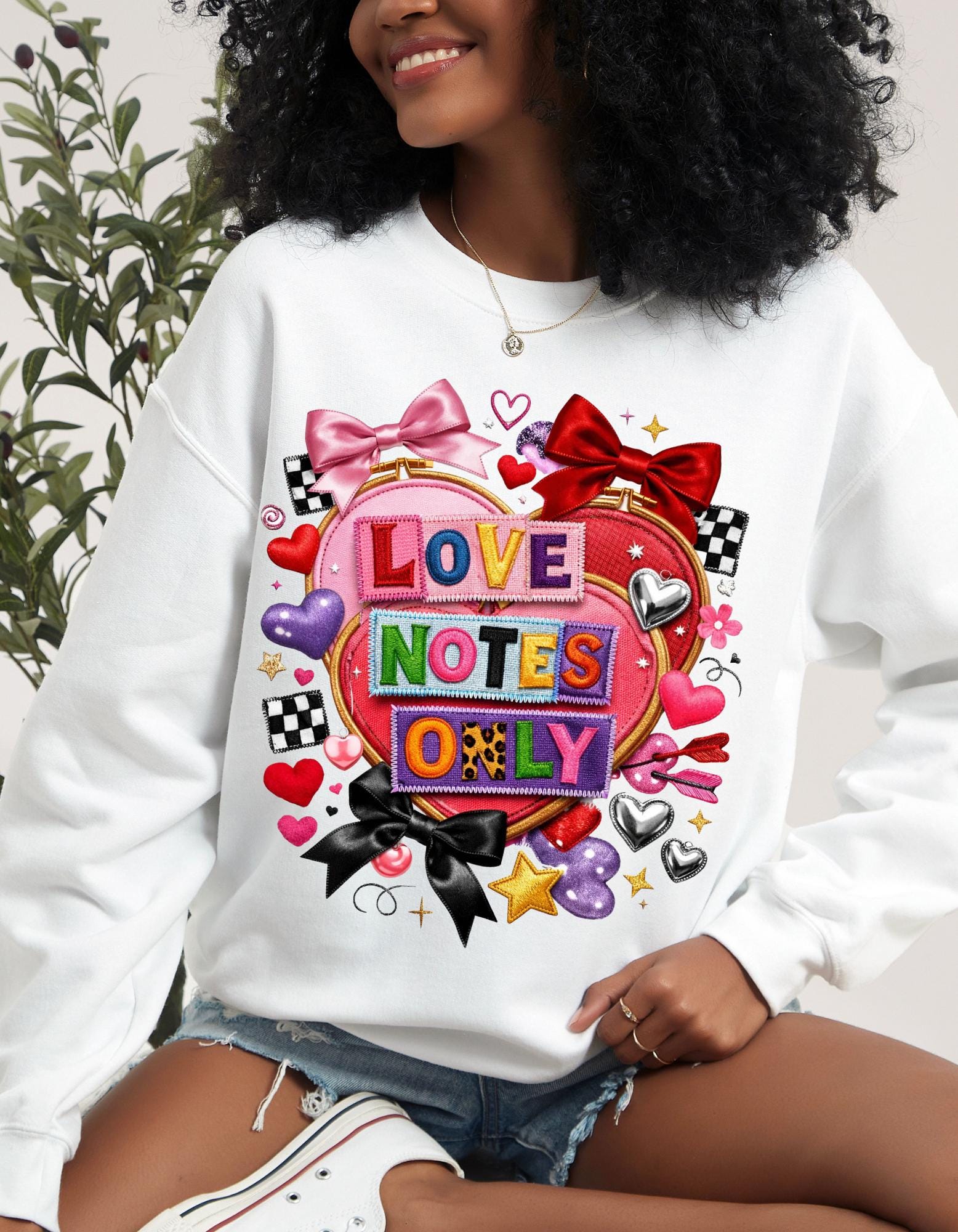 Love Notes Only Crewneck Sweatshirt Heart Collage Pink Bow Candy Valentine Kawaii Cute Aesthetic Gift