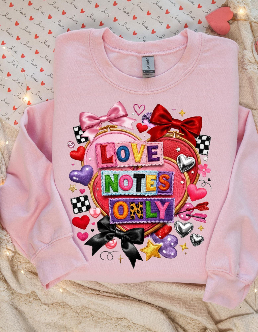 Love Notes Only Crewneck Sweatshirt Heart Collage Pink Bow Candy Valentine Kawaii Cute Aesthetic Gift