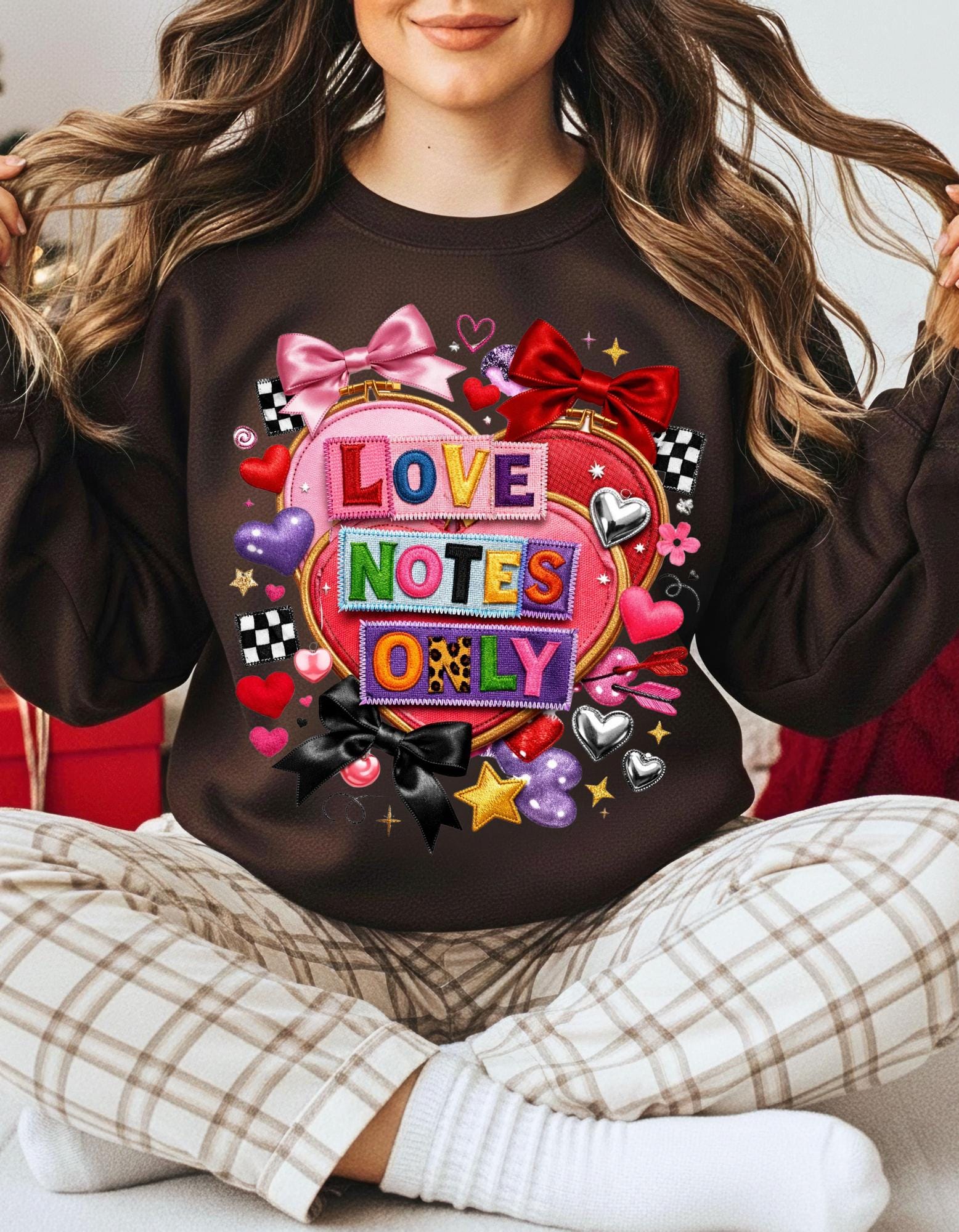 Love Notes Only Crewneck Sweatshirt Heart Collage Pink Bow Candy Valentine Kawaii Cute Aesthetic Gift