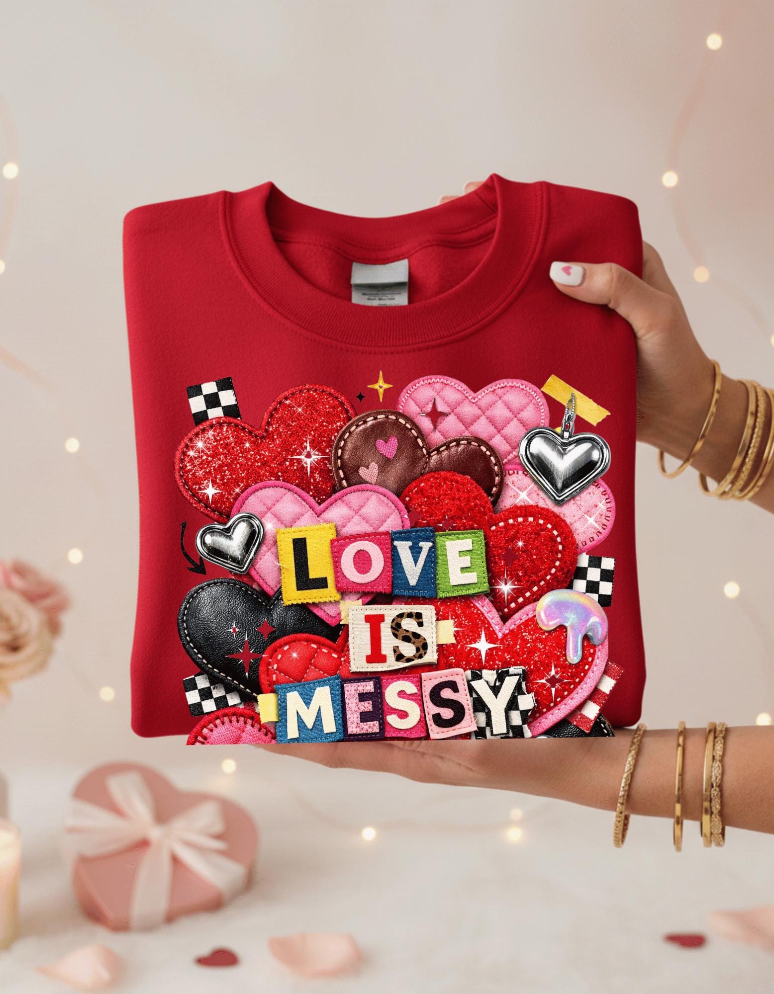 Love Is Messy Heart Collage Sweatshirt Valentine Romantic Graphic Crewneck Unisex Cozy Gift