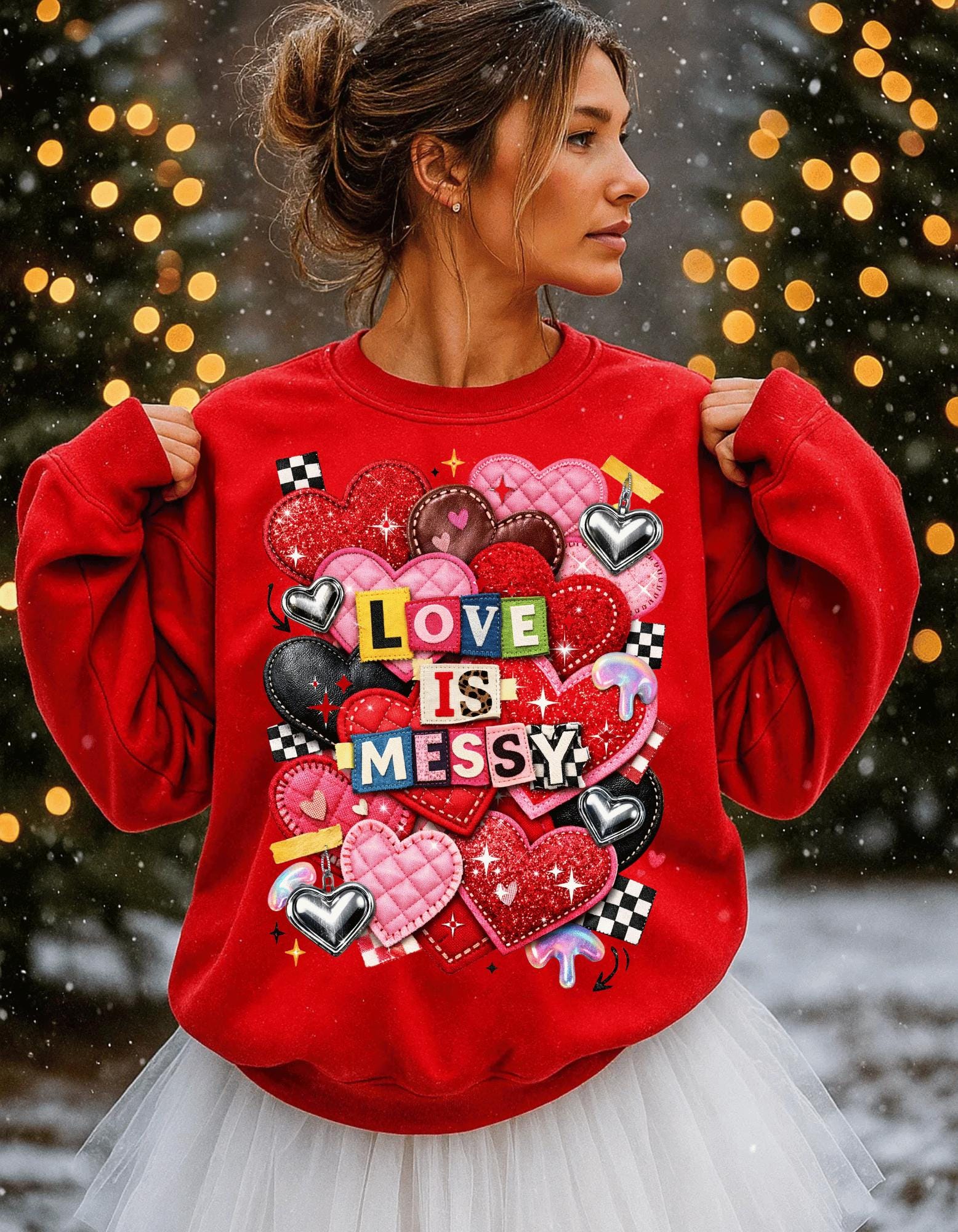 Love Is Messy Heart Collage Sweatshirt Valentine Romantic Graphic Crewneck Unisex Cozy Gift