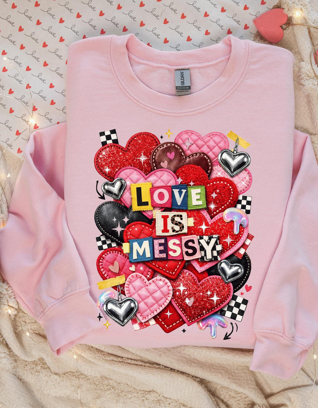 Love Is Messy Heart Collage Sweatshirt Valentine Romantic Graphic Crewneck Unisex Cozy Gift