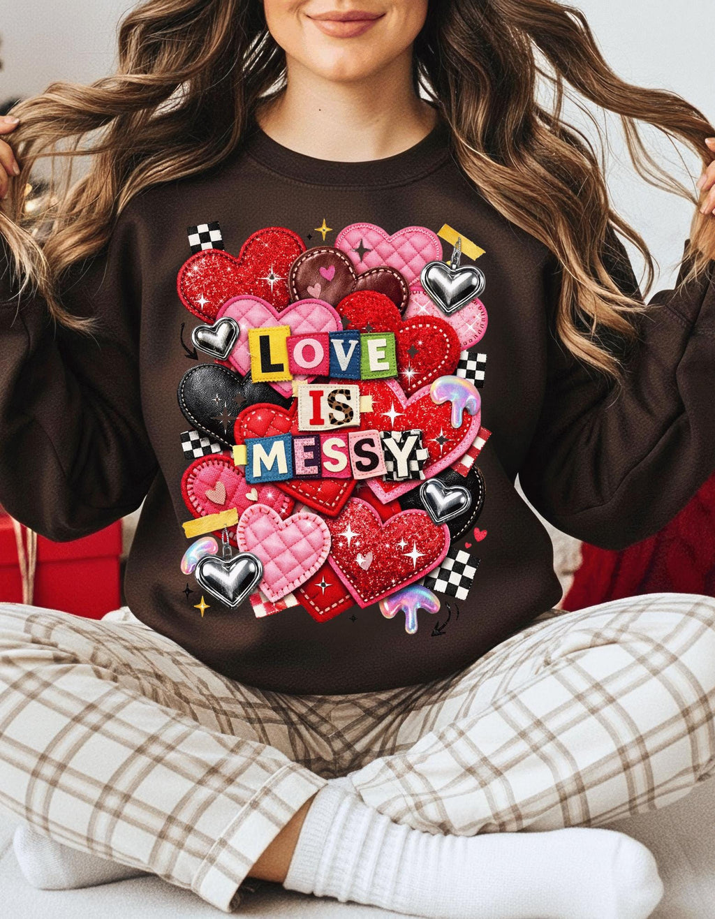 Love Is Messy Heart Collage Sweatshirt Valentine Romantic Graphic Crewneck Unisex Cozy Gift