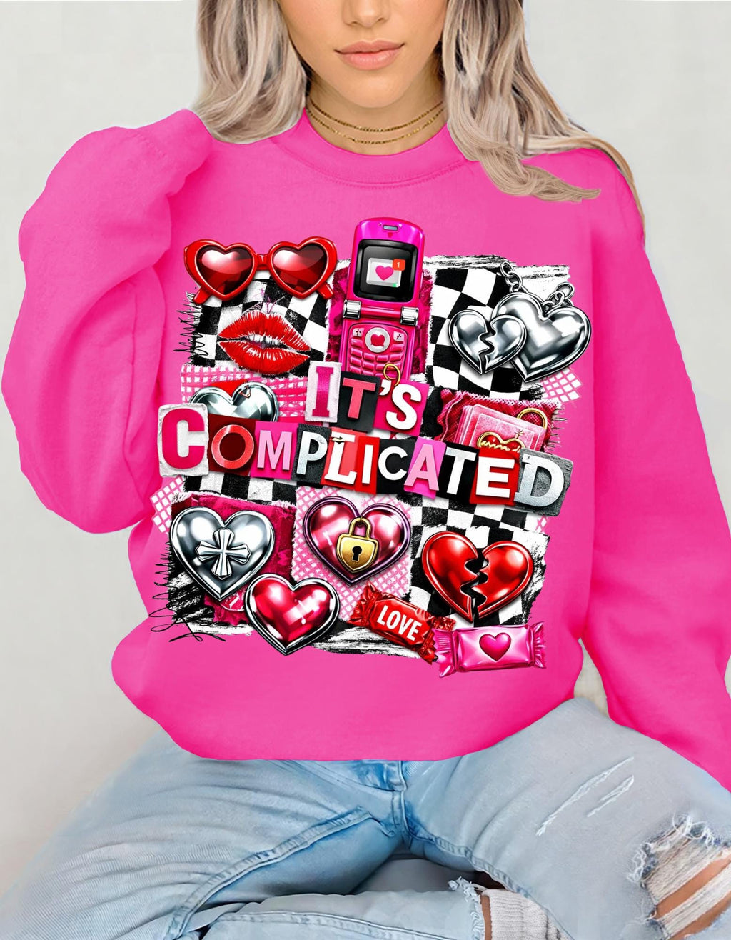 It's Complicated Collage Graphic Sweatshirt | Retro Hearts Flip Phone Love Icons Valentine Crewneck Sweater