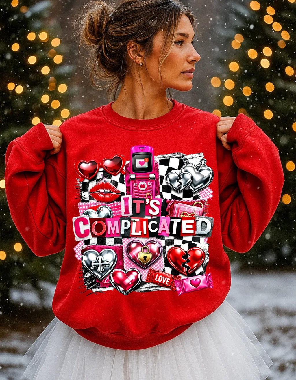 It's Complicated Collage Graphic Sweatshirt | Retro Hearts Flip Phone Love Icons Valentine Crewneck Sweater