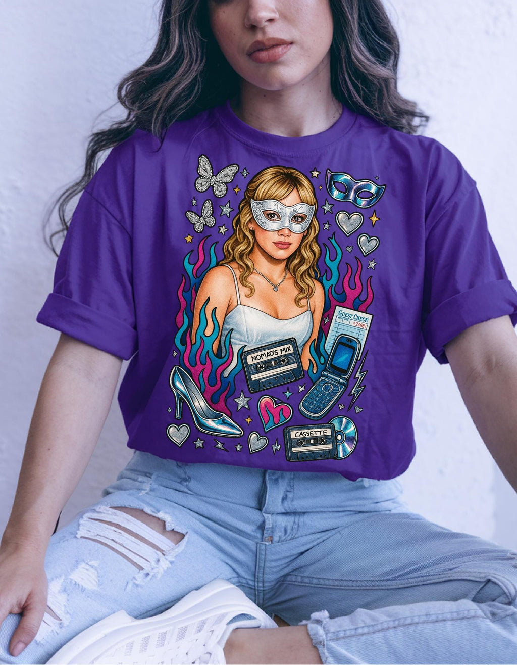 Y2K Masked Girl Graphic Tee | Cassette & Flip Phone