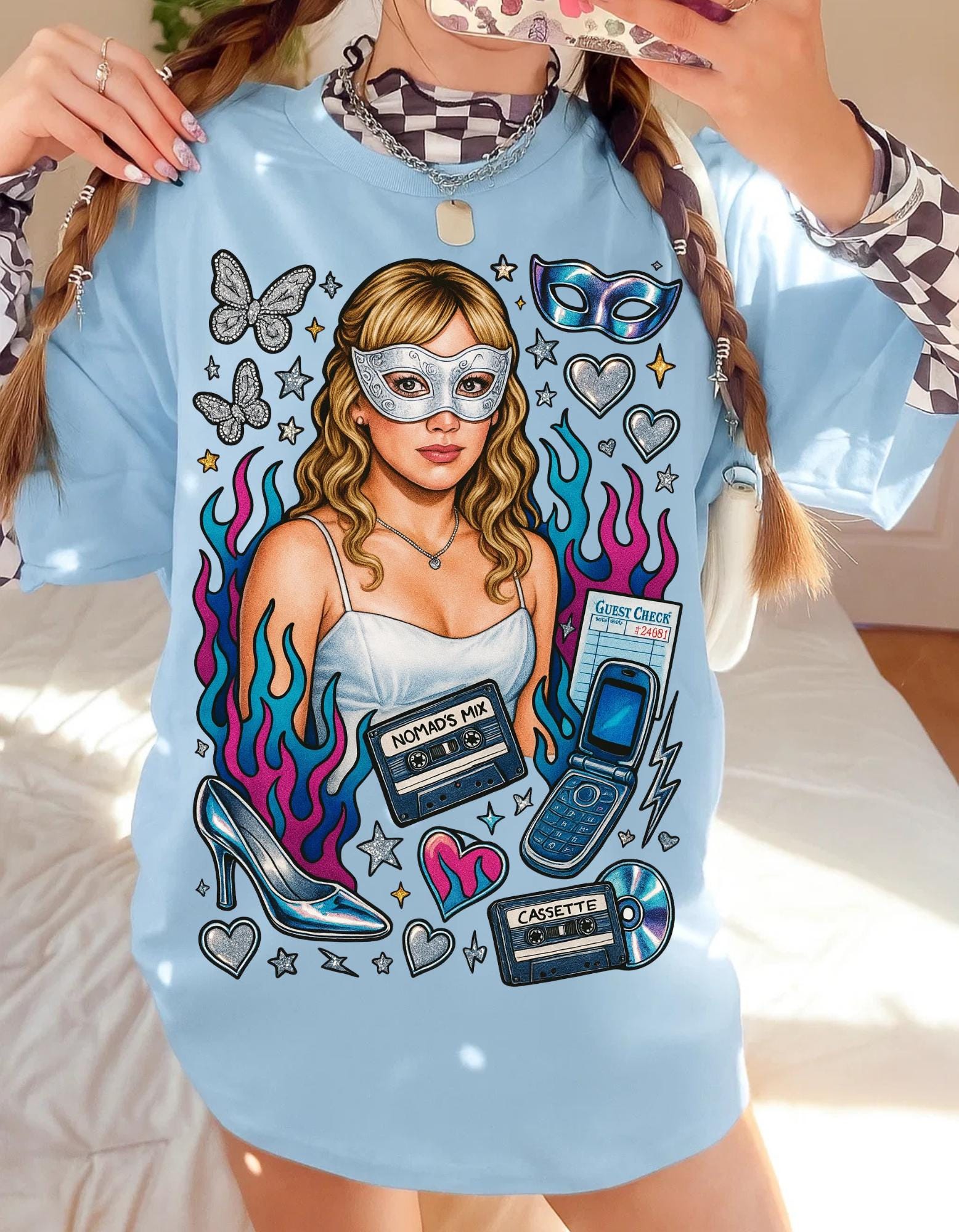 Y2K Masked Girl Graphic Tee | Cassette & Flip Phone