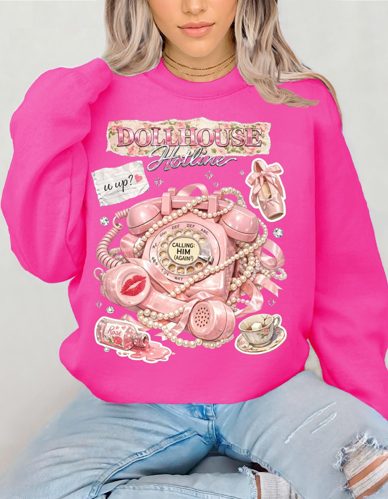 Dollhouse Hotline Vintage Pink Telephone Illustration Sweatshirt Retro Kitsch Phone Art Crewneck Aesthetic Cute Gift