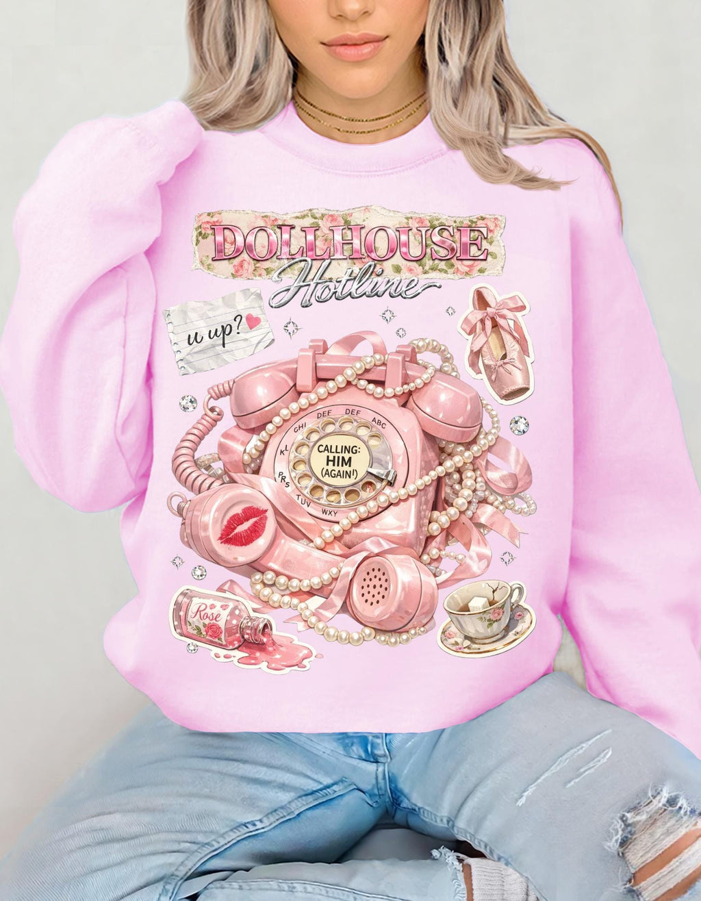 Dollhouse Hotline Vintage Pink Telephone Illustration Sweatshirt Retro Kitsch Phone Art Crewneck Aesthetic Cute Gift