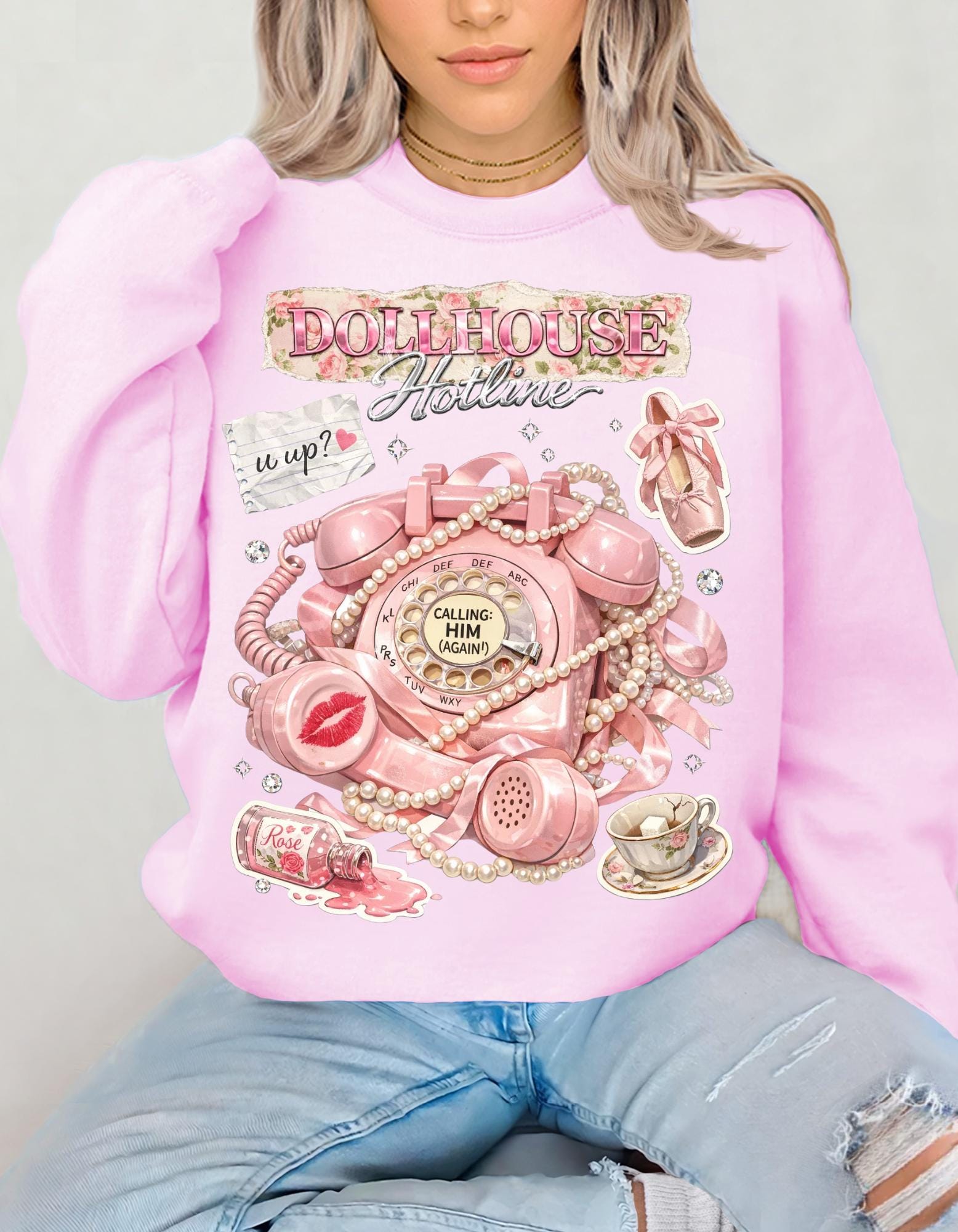 Dollhouse Hotline Vintage Pink Telephone Illustration Sweatshirt Retro Kitsch Phone Art Crewneck Aesthetic Cute Gift