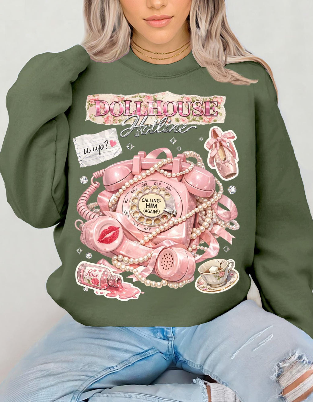 Dollhouse Hotline Vintage Pink Telephone Illustration Sweatshirt Retro Kitsch Phone Art Crewneck Aesthetic Cute Gift