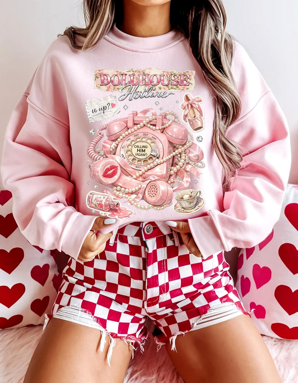 Dollhouse Hotline Vintage Pink Telephone Illustration Sweatshirt Retro Kitsch Phone Art Crewneck Aesthetic Cute Gift