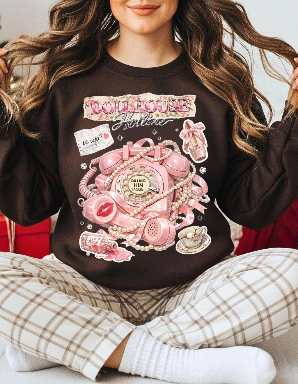 Dollhouse Hotline Vintage Pink Telephone Illustration Sweatshirt Retro Kitsch Phone Art Crewneck Aesthetic Cute Gift
