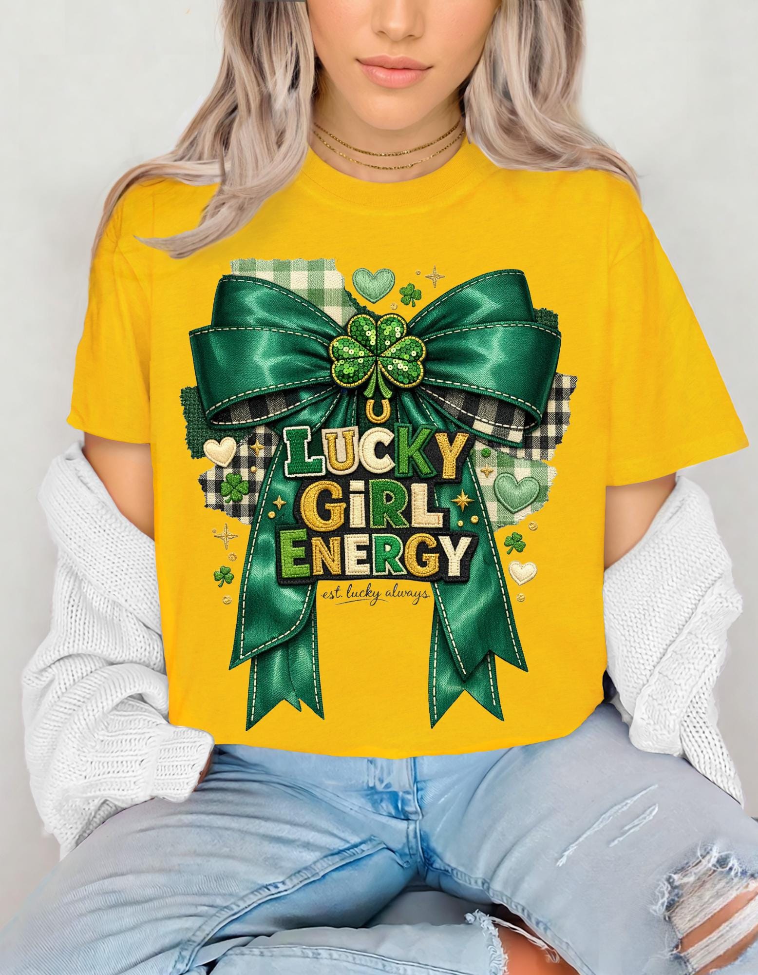 Lucky Girl Energy T-Shirt | St. Patrick's Day Shamrock Ribbon Tee Irish Holiday Green Top