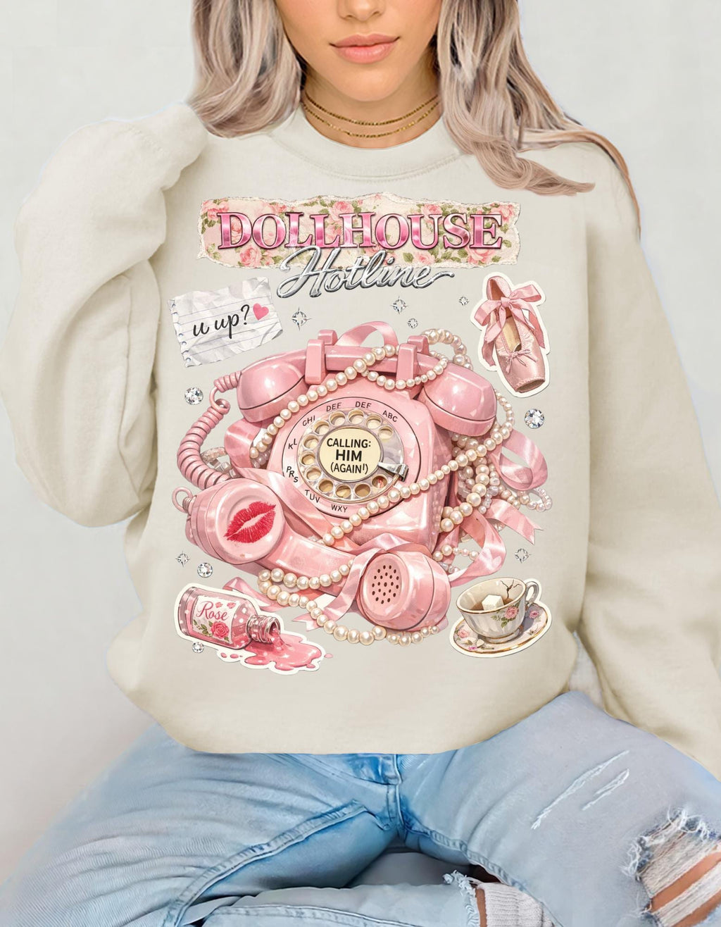 Dollhouse Hotline Vintage Pink Telephone Illustration Sweatshirt Retro Kitsch Phone Art Crewneck Aesthetic Cute Gift
