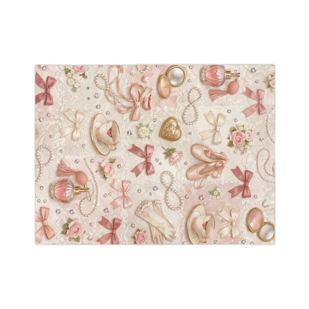 Ballet Accessories Pattern Velveteen Microfiber Blanket | Shoes Ribbons Perfume Pink Floral Vintage Gift Girly Bedroom Decor
