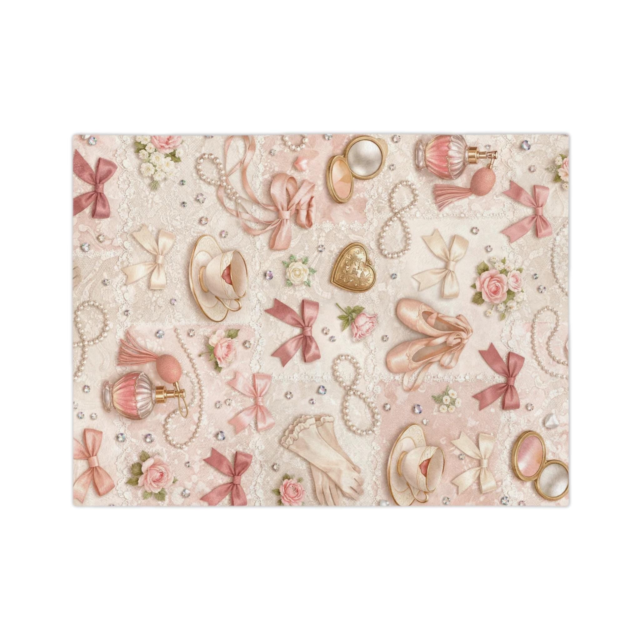 Ballet Accessories Pattern Velveteen Microfiber Blanket | Shoes Ribbons Perfume Pink Floral Vintage Gift Girly Bedroom Decor