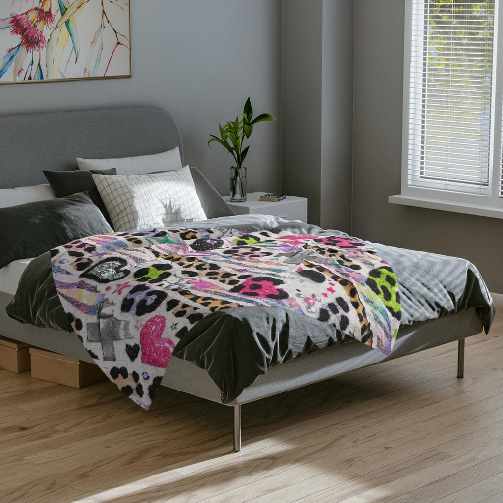 Neon Leopard Hearts Blanket Velveteen Microfiber Throw Girls Bedroom Decor Teen Gift Cozy Pastel Animal Print