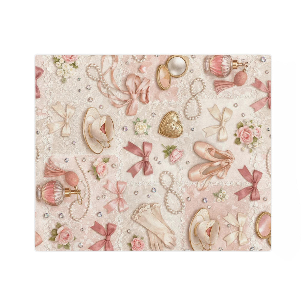 Ballet Accessories Pattern Velveteen Microfiber Blanket | Shoes Ribbons Perfume Pink Floral Vintage Gift Girly Bedroom Decor