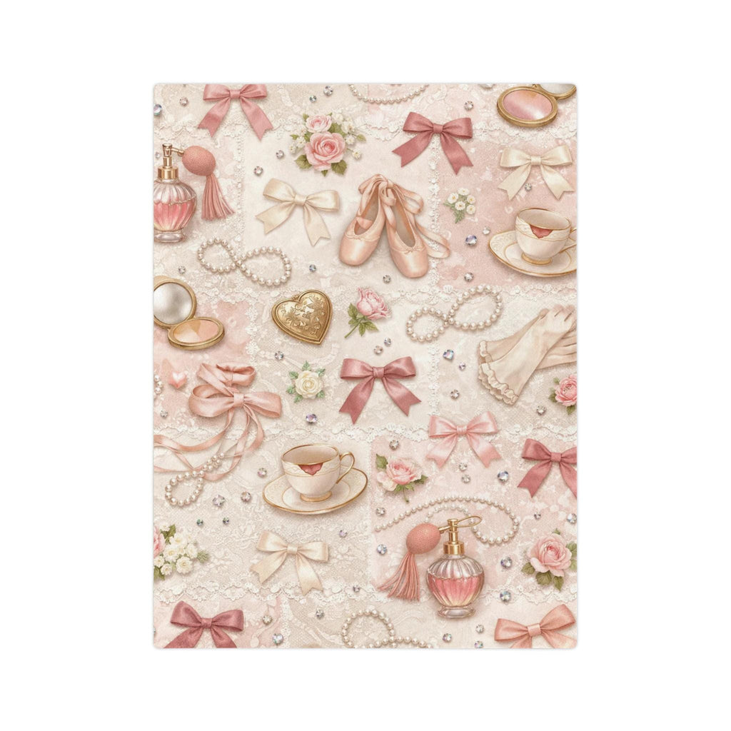 Ballet Accessories Pattern Velveteen Microfiber Blanket | Shoes Ribbons Perfume Pink Floral Vintage Gift Girly Bedroom Decor