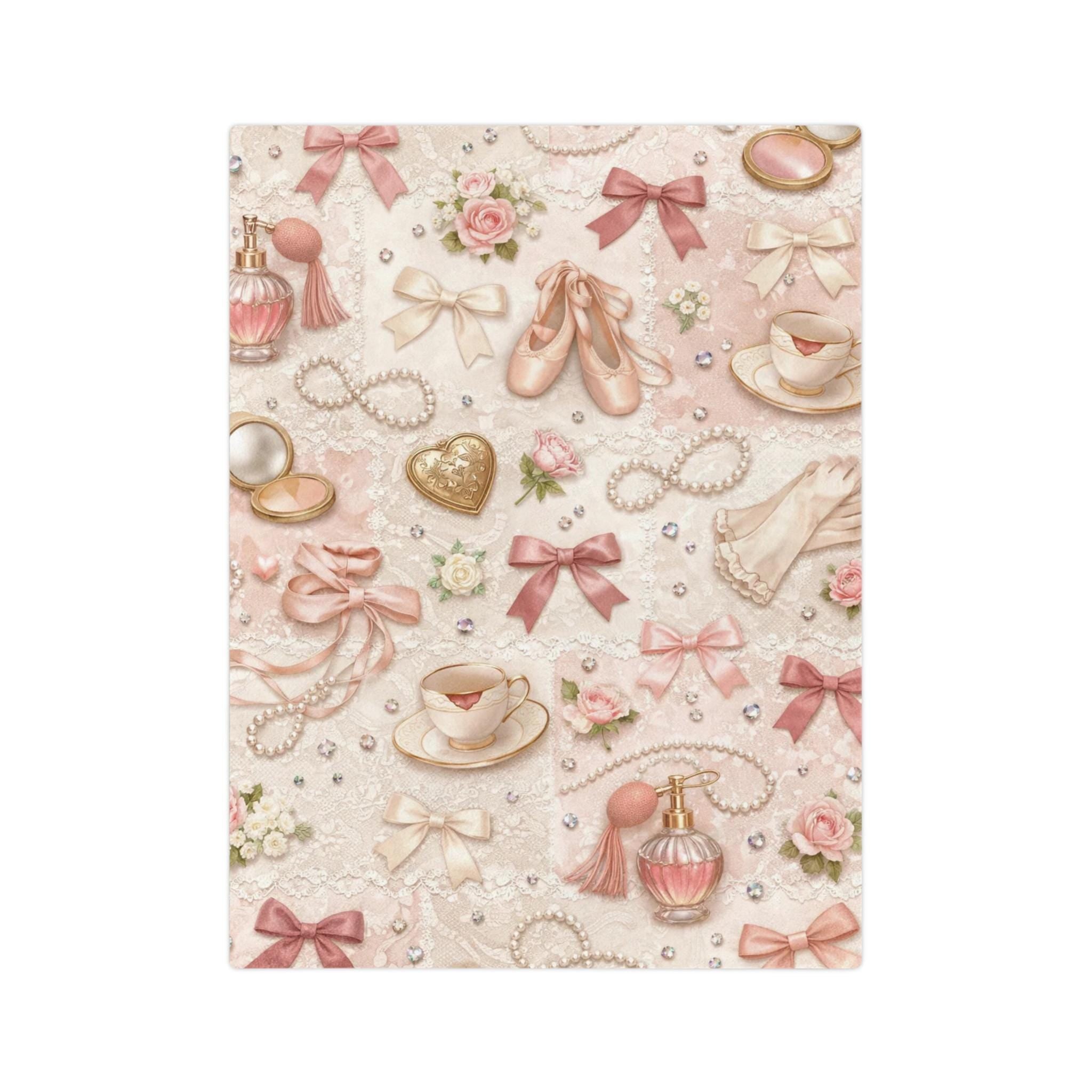 Ballet Accessories Pattern Velveteen Microfiber Blanket | Shoes Ribbons Perfume Pink Floral Vintage Gift Girly Bedroom Decor