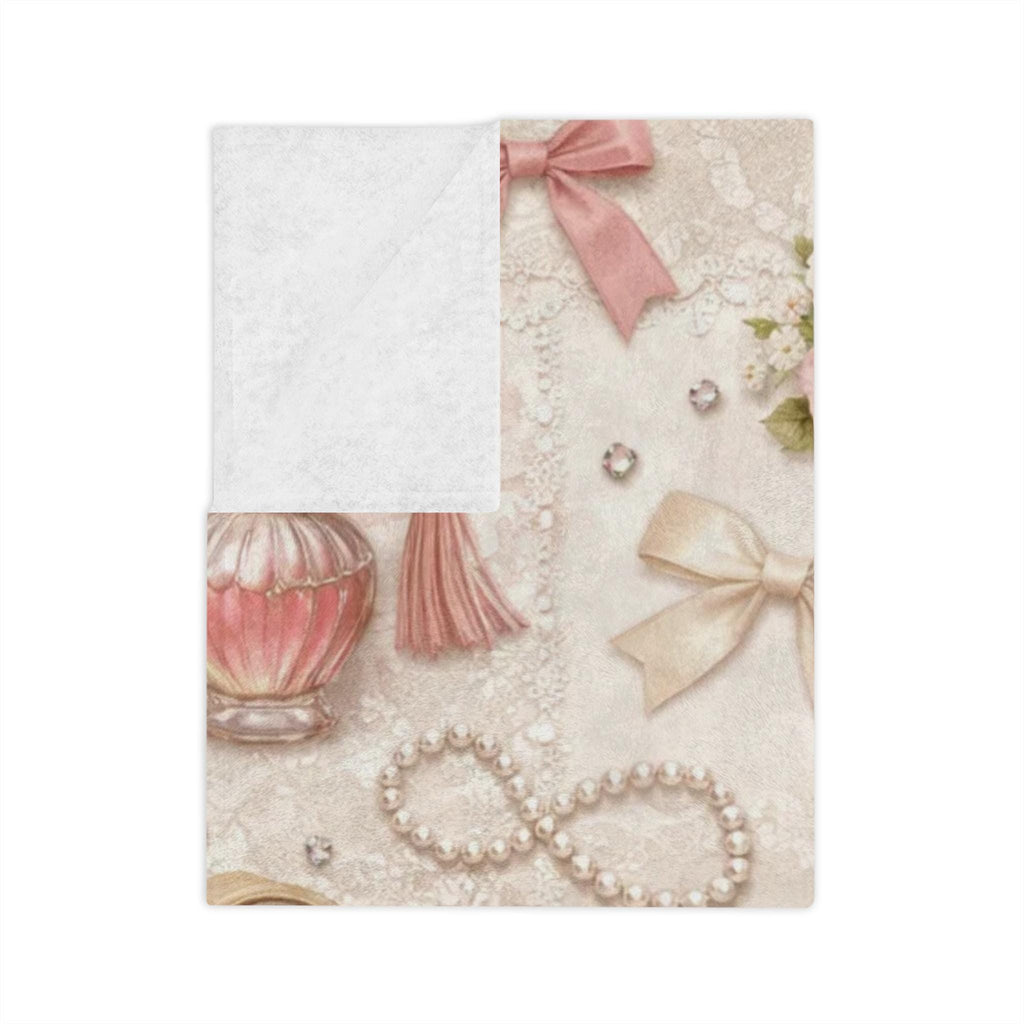Ballet Accessories Pattern Velveteen Microfiber Blanket | Shoes Ribbons Perfume Pink Floral Vintage Gift Girly Bedroom Decor