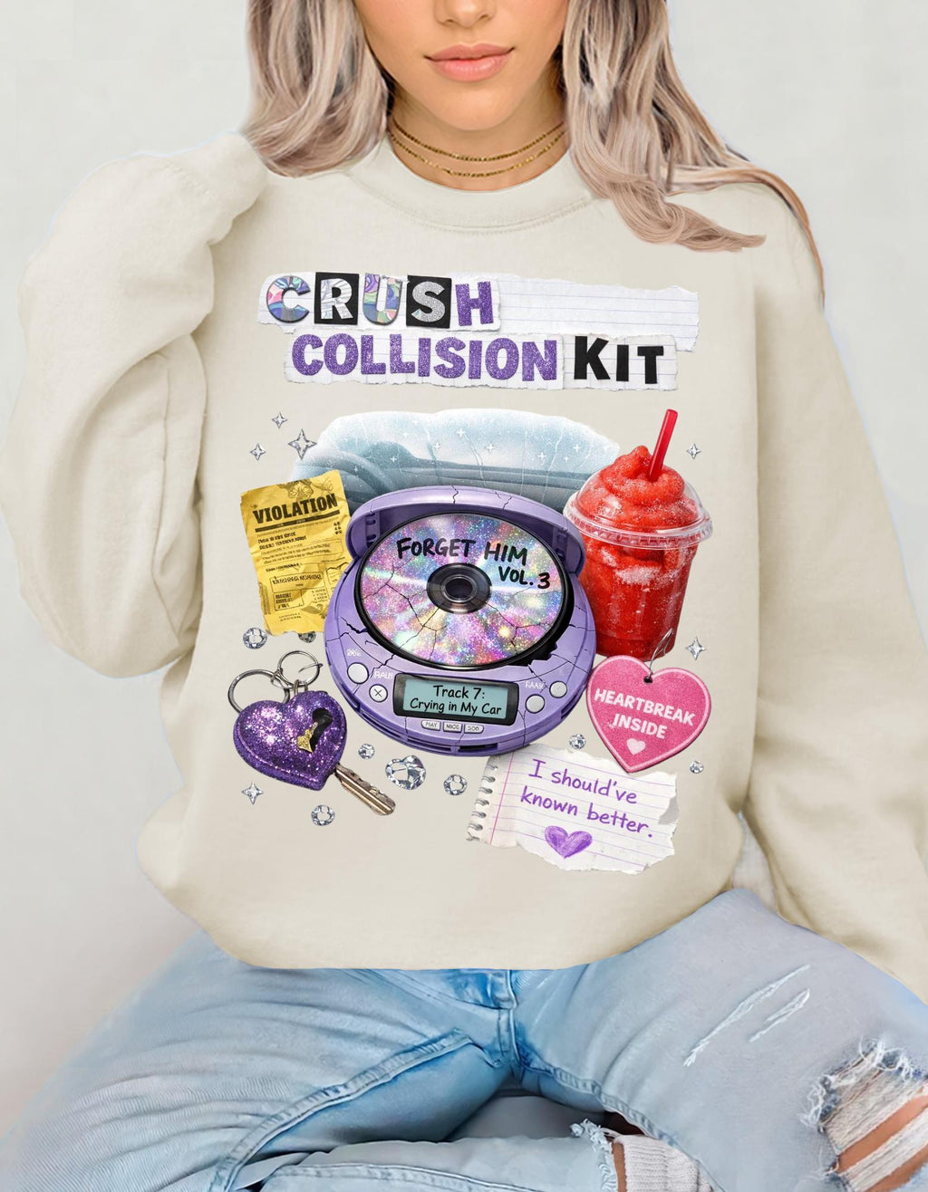Crush Collision Kit Sweatshirt | Retro Collage Heart Locket Slushie Cassette Aesthetic Pullover