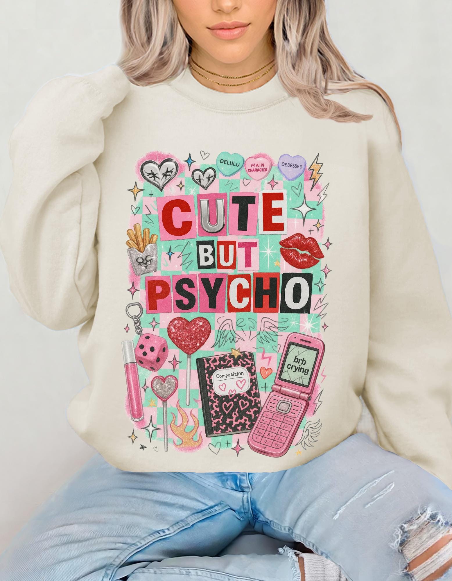 Cute But Psycho Sweatshirt Pastel Kawaii Collage Graphic Crewneck Sweater Aesthetic Funny Retro Art