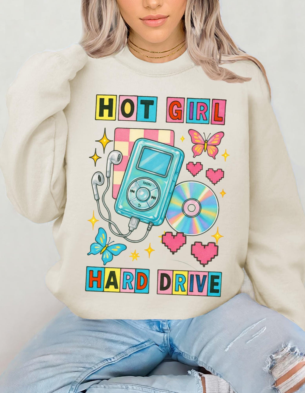 Hot Girl Hard Drive Crewneck Sweatshirt | Retro MP3 Player CD Butterflies Graphic Streetwear
