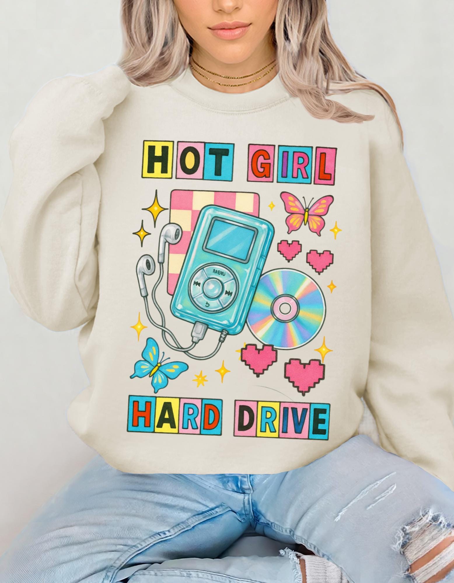 Hot Girl Hard Drive Crewneck Sweatshirt | Retro MP3 Player CD Butterflies Graphic Streetwear