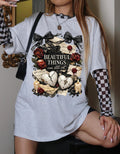 Beautiful Things Broken Hearts Tee | Vintage Roses, Candles, Gothic Skull Art