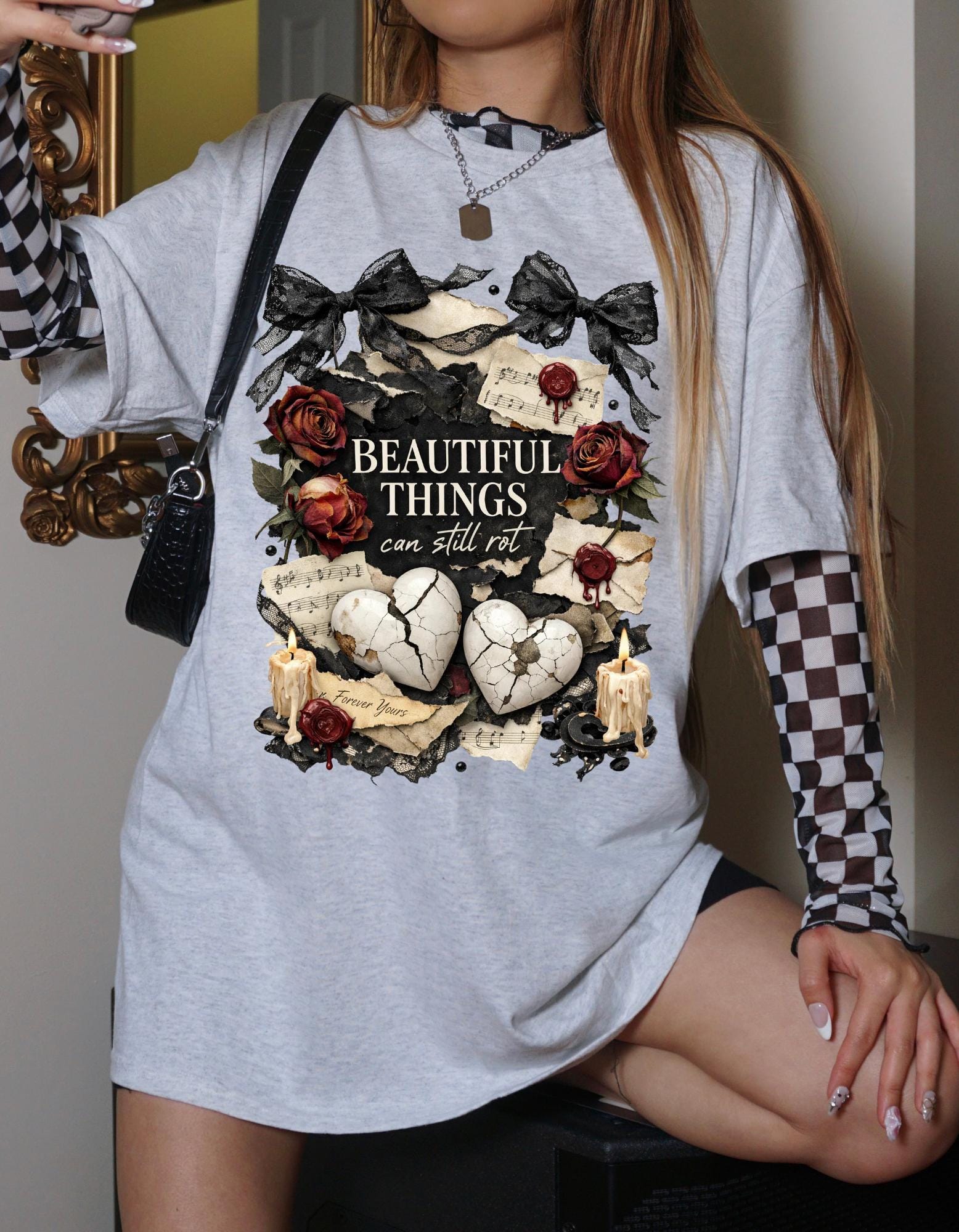 Beautiful Things Broken Hearts Tee | Vintage Roses, Candles, Gothic Skull Art