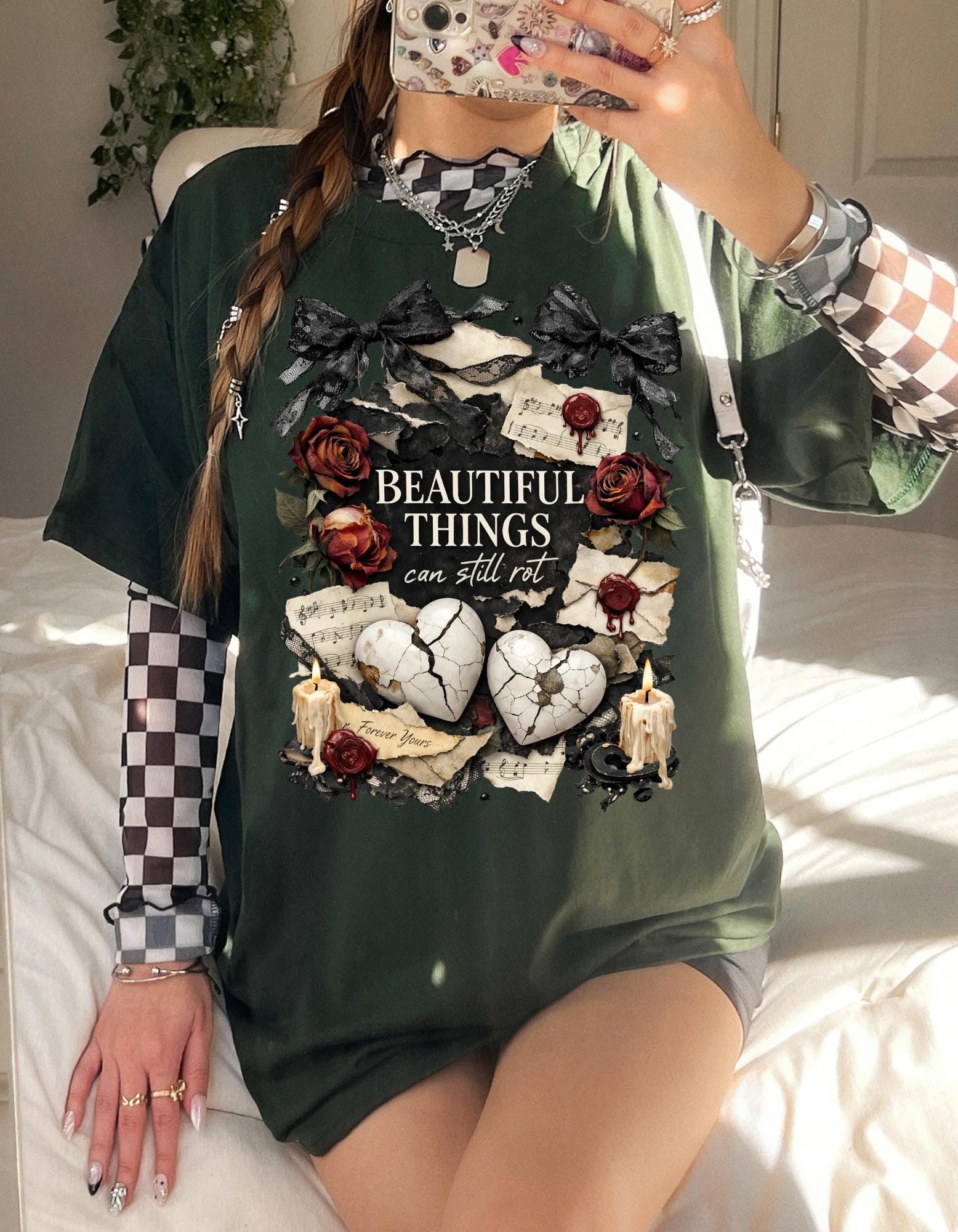 Beautiful Things Broken Hearts Tee | Vintage Roses, Candles, Gothic Skull Art