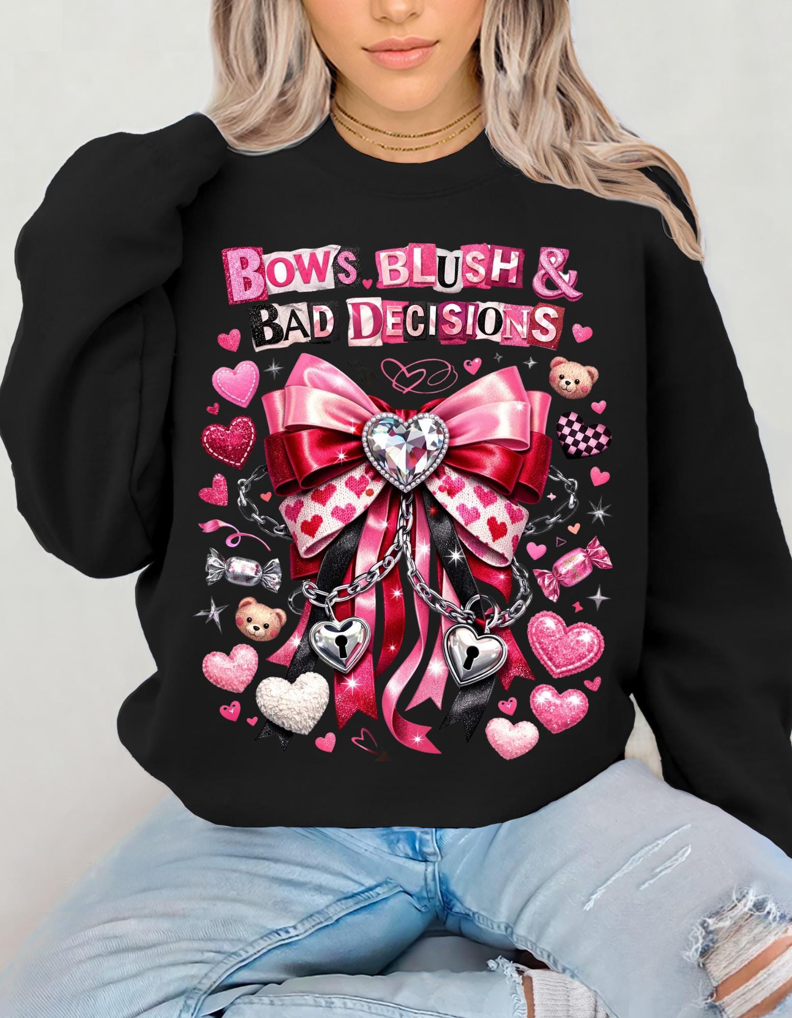 Bows Blush Bad Decisions Sweatshirt Coquette Girlfriend Vibes Cute Romantic Gift Pink Cozy Crewneck