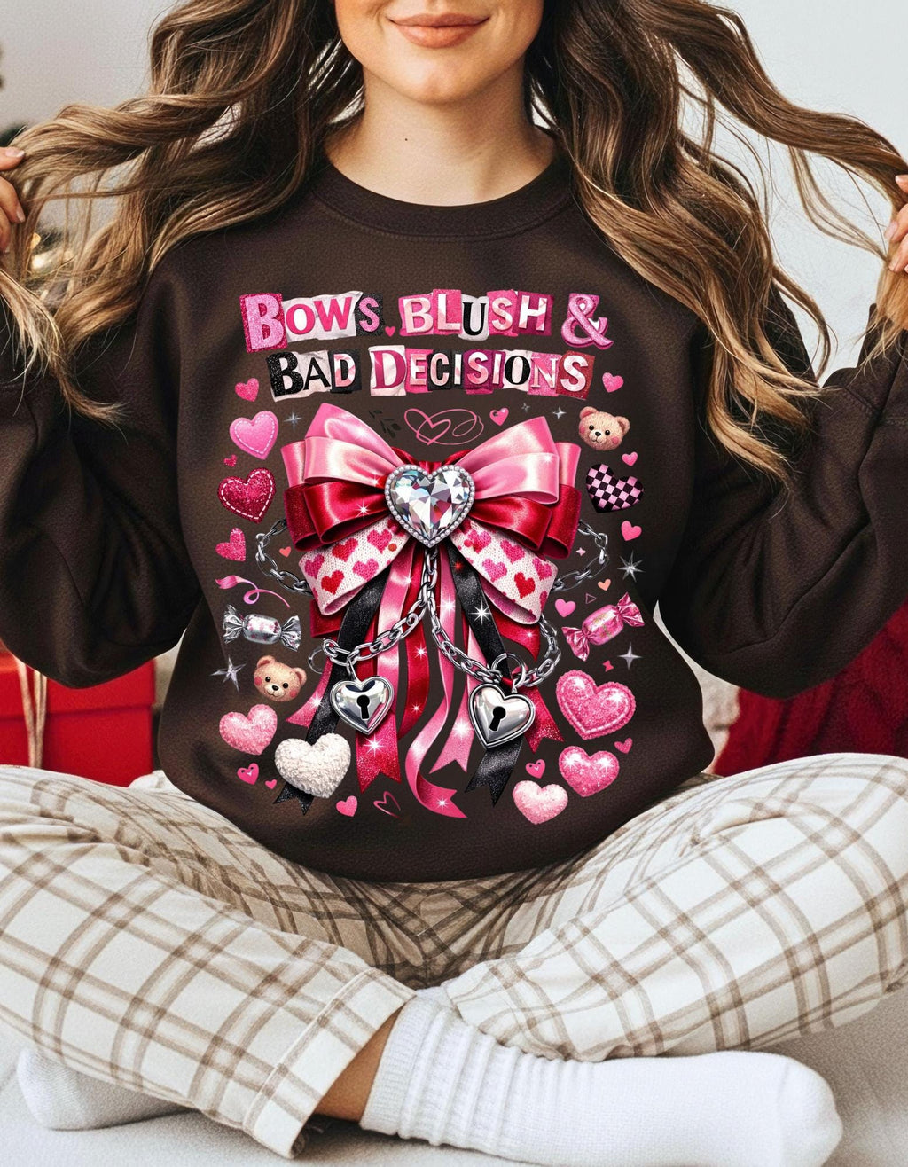 Bows Blush Bad Decisions Sweatshirt Coquette Girlfriend Vibes Cute Romantic Gift Pink Cozy Crewneck