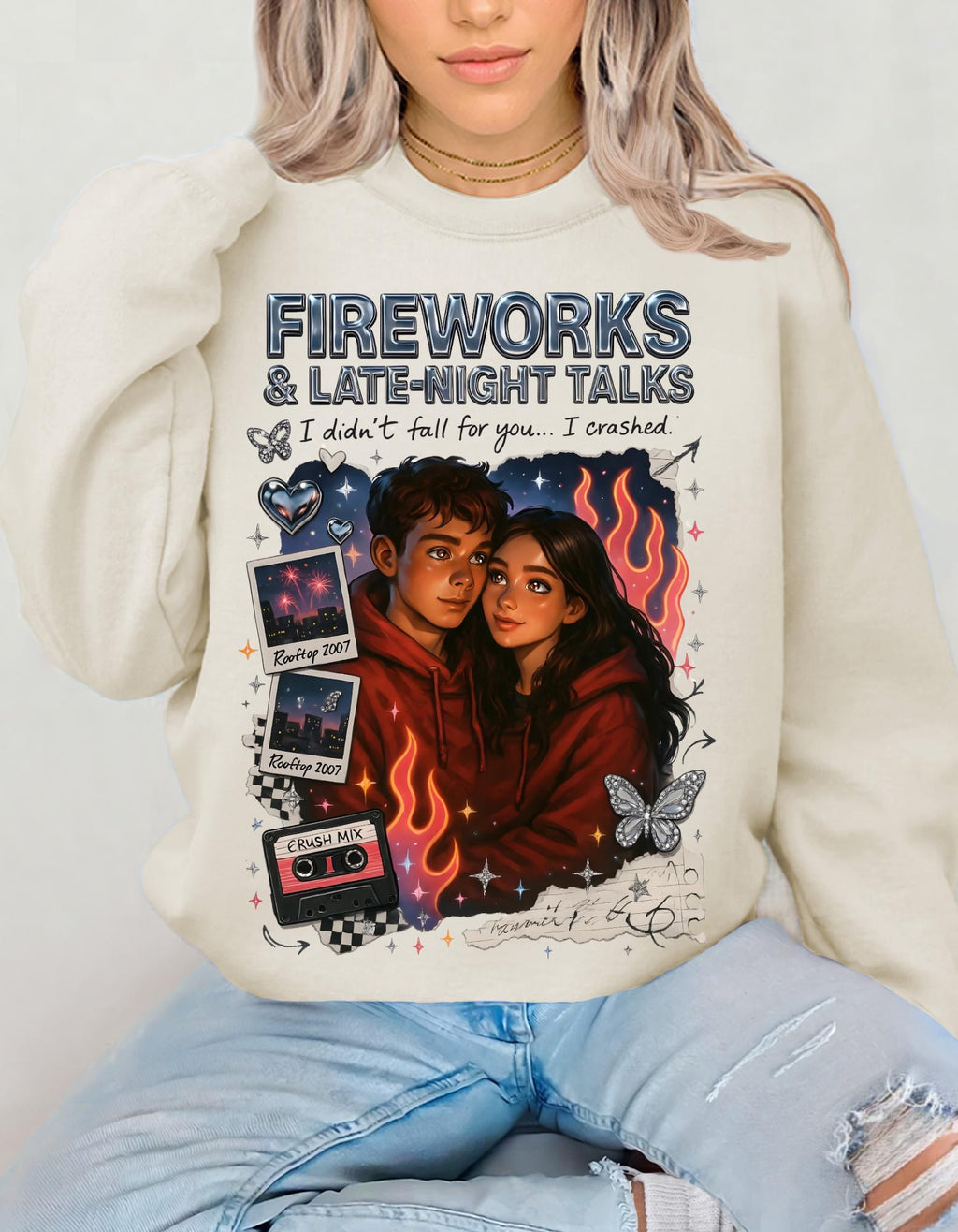 Fireworks Late Night Talks Crewneck Sweatshirt | Retro Polaroid Couple Illustration Vintage Romantic Gift