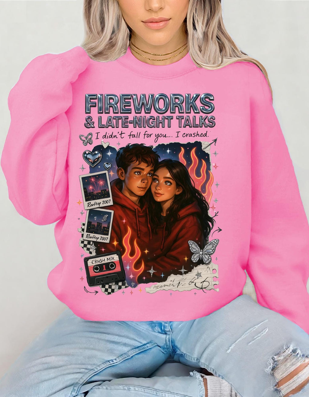Fireworks Late Night Talks Crewneck Sweatshirt | Retro Polaroid Couple Illustration Vintage Romantic Gift