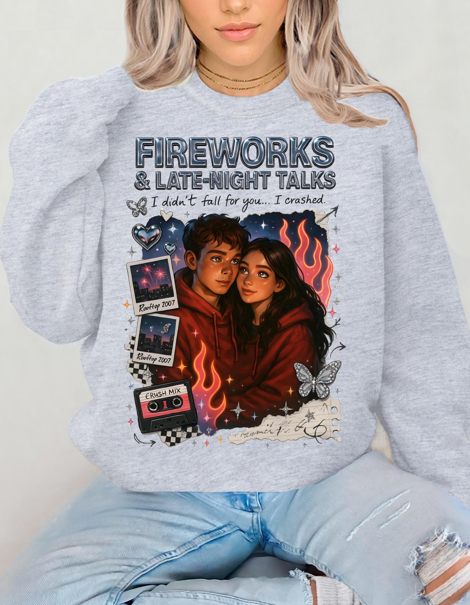 Fireworks Late Night Talks Crewneck Sweatshirt | Retro Polaroid Couple Illustration Vintage Romantic Gift