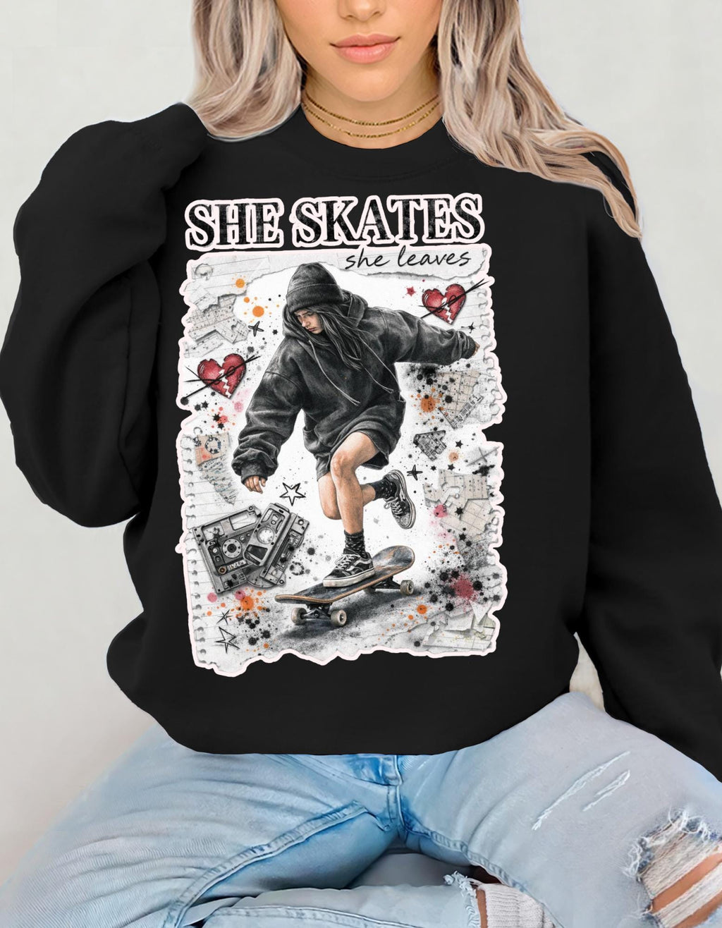 90s Grunge Skater Girl Crewneck Sweatshirt | Retro Skate Graphic