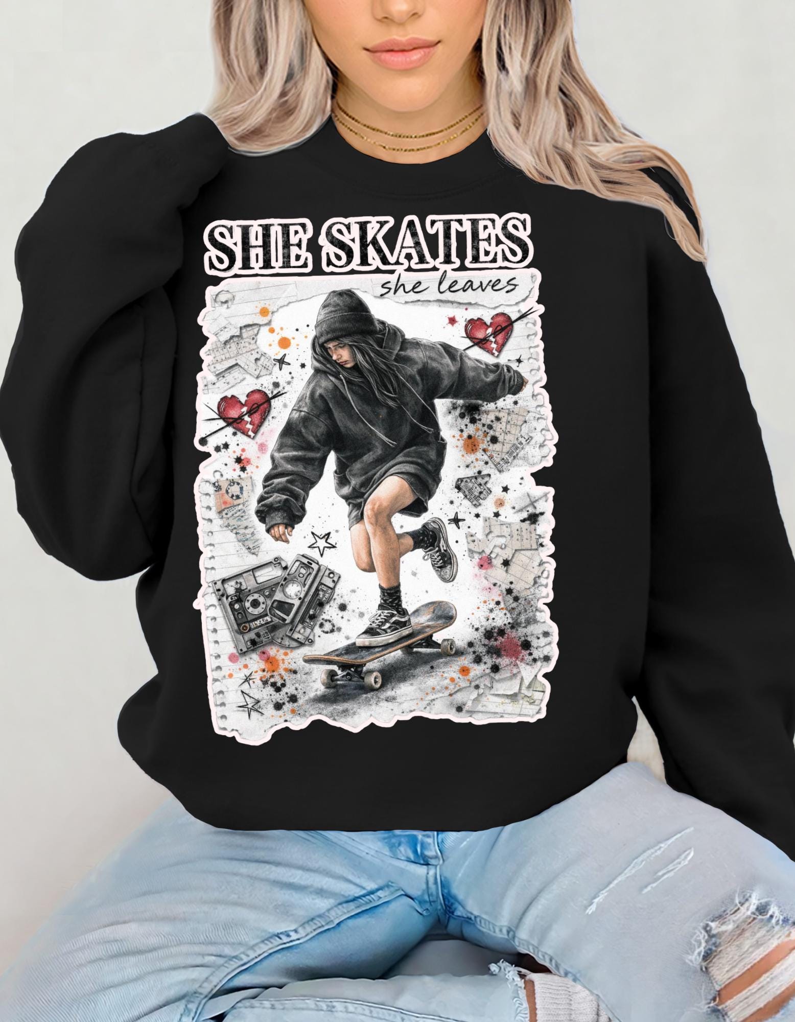 90s Grunge Skater Girl Crewneck Sweatshirt | Retro Skate Graphic