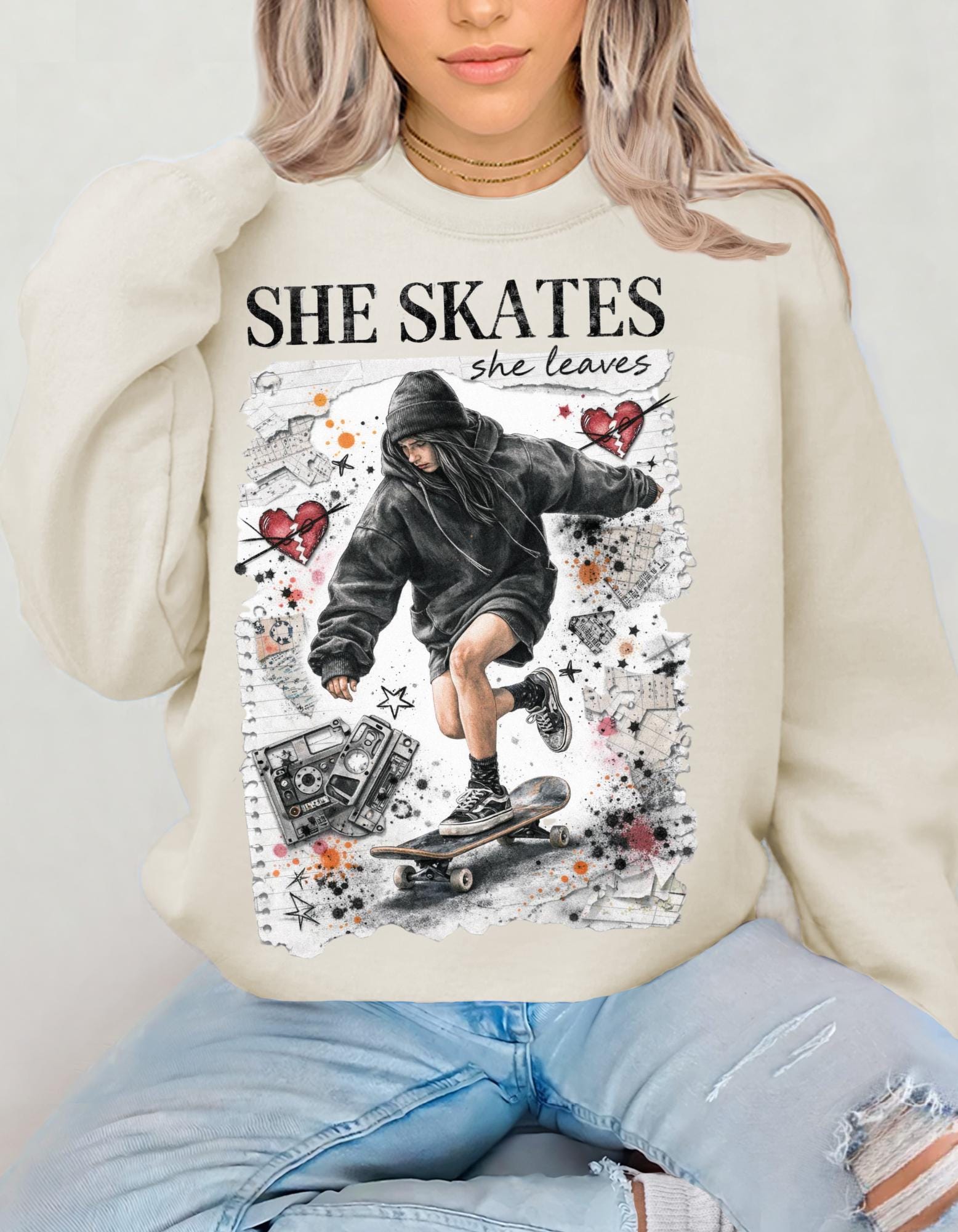90s Grunge Skater Girl Crewneck Sweatshirt | Retro Skate Graphic